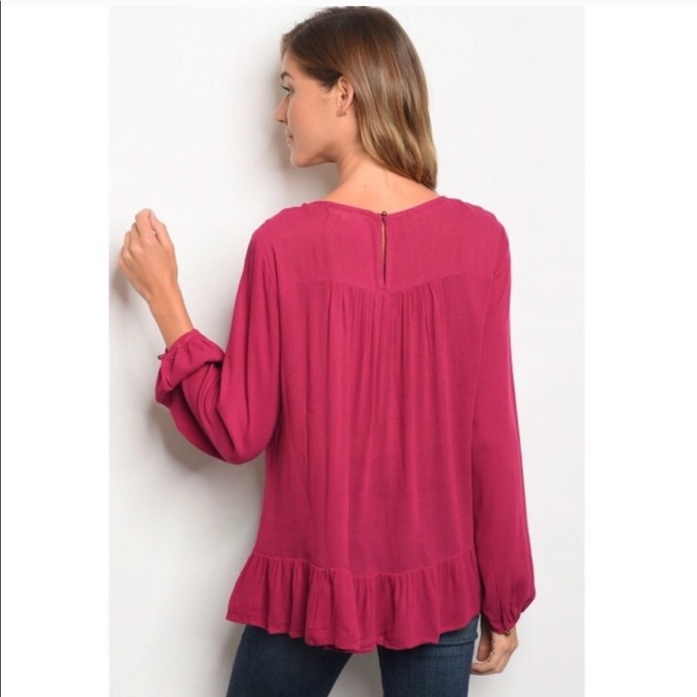 Someday Blush Embroidered Ruffle Hem Long-Sleeve Top - Wine - Picture 7 of 9